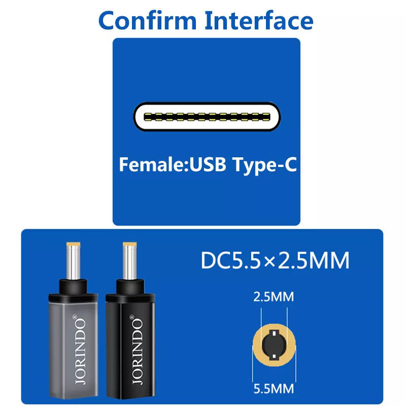 Connettore PD maschio da 100 W USB tipo C femmina a DC 5,5x2,5 mm Carica rapida rapida