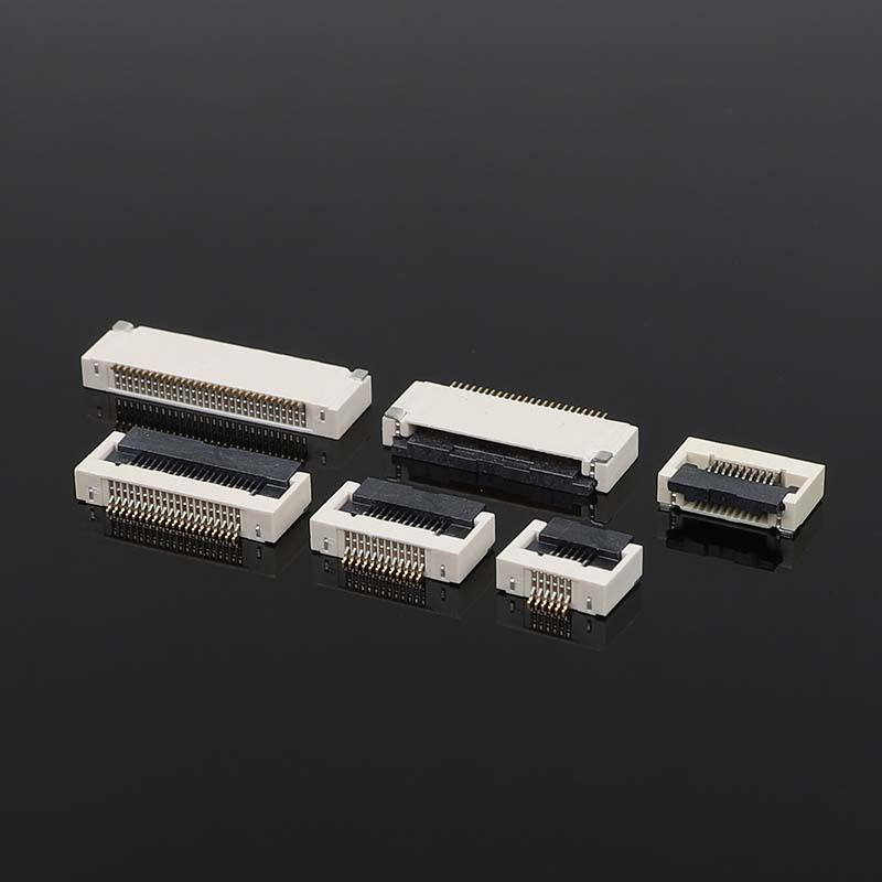 Connettore FFC/FPCH con blocco a farfalla passo 0,5 mm, connessione inferiore orizzontale con coperchio a ribalta altezza 2,55H per elettronica flat flex